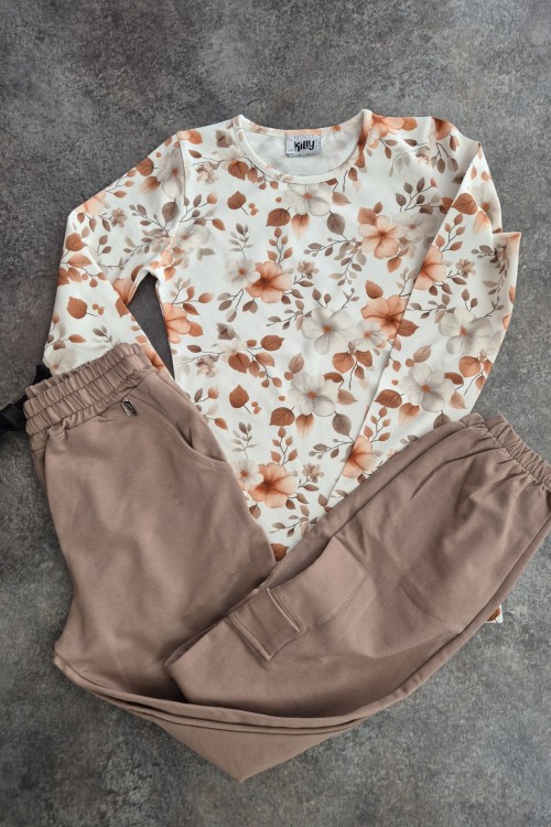 Killy design virágos felsős barna zsebes nadrágos csini szett 