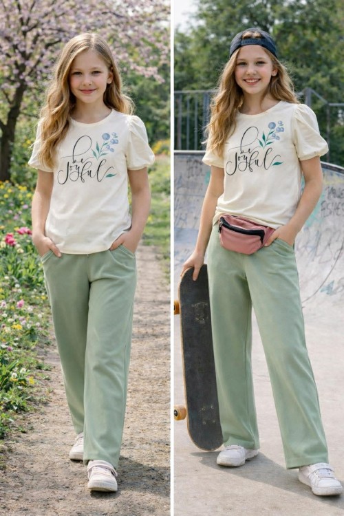 Killy design lezser csinos nagylányos szett almazöld nadrággal puffos ujjú felsővel 