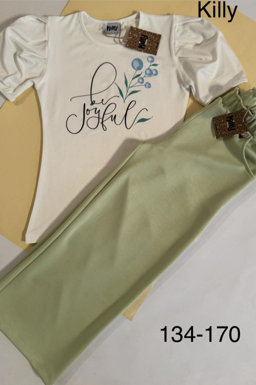 Killy design lezser csinos nagylányos szett almazöld nadrággal puffos ujjú felsővel 