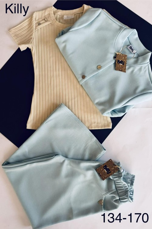 Killy design kék vagány szett, kék kabátka,  kék bőszárú nadrággal,  bézs felsővel szettben 