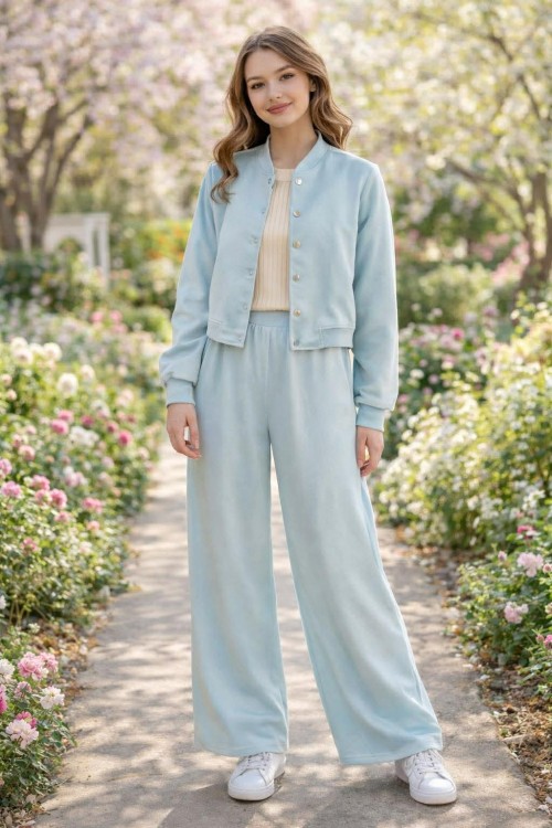 Killy design kék vagány szett, kék kabátka,  kék bőszárú nadrággal,  bézs felsővel szettben 