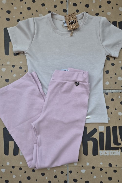 Killy design rózsaszín farmerhatású trapéz nadrág puha bézs felsővel szettben 