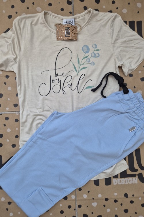 Killy design kék gumis aljú zsebes lezser nadrág bézs pólóval szettben 