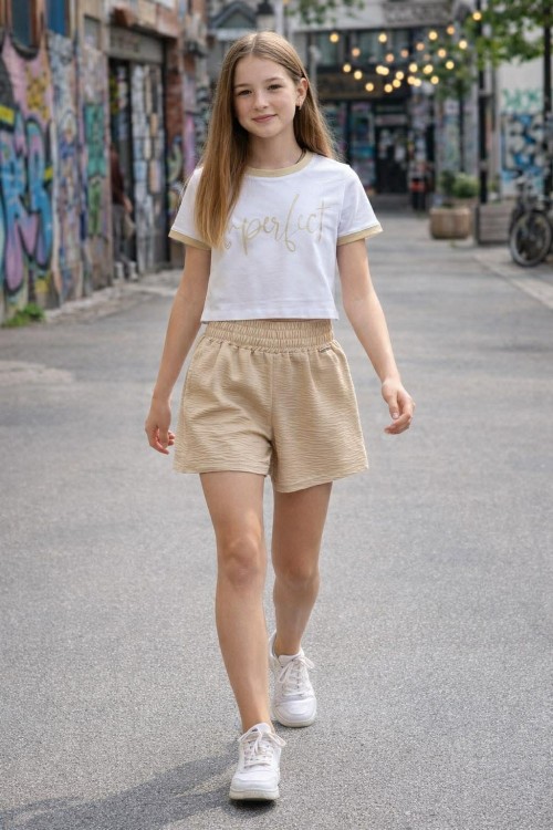 Killy design bézs gyűrt anyagú short szett 