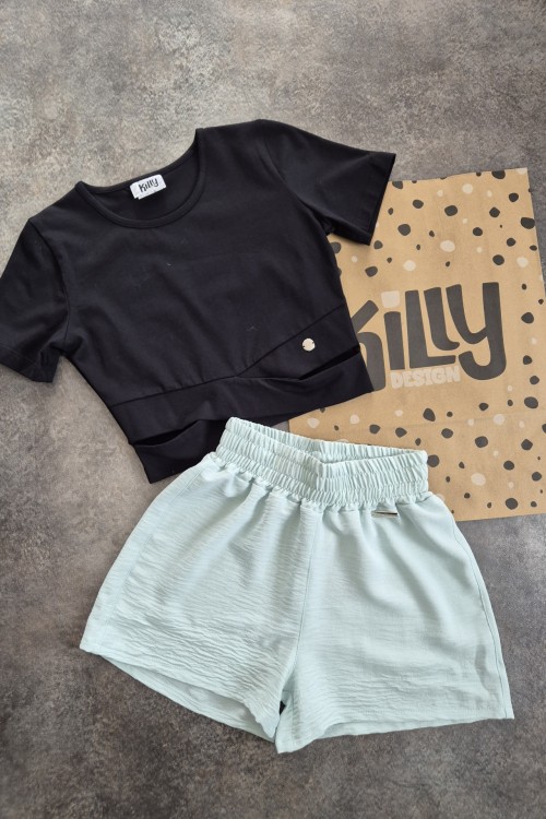 Killy design rövid fazonú fekete felső menta shorttal szettben 