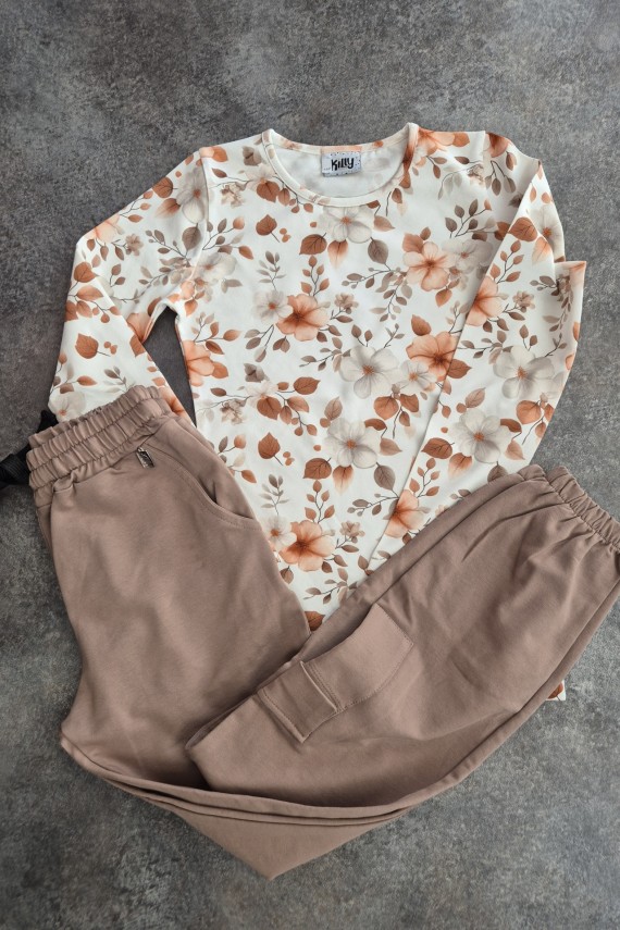 Killy design virágos felsős barna zsebes nadrágos csini szett 