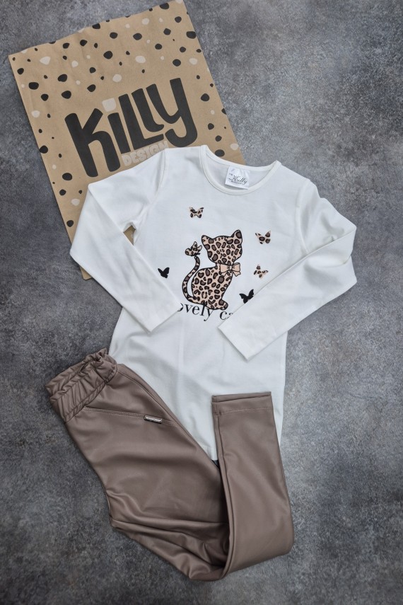 Killy design bélelt barna bőr nadrág cicás felsővel szettben 