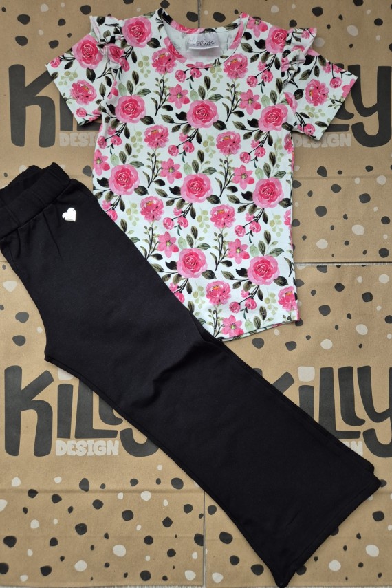Killy design virágos pólós,  fekete trapéz nadrágos szett 