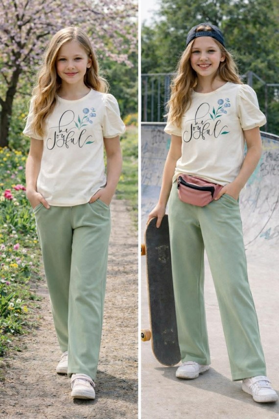 Killy design lezser csinos nagylányos szett almazöld nadrággal puffos ujjú felsővel 