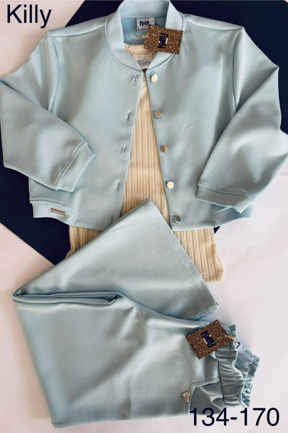 Killy design kék vagány szett, kék kabátka,  kék bőszárú nadrággal,  bézs felsővel szettben 