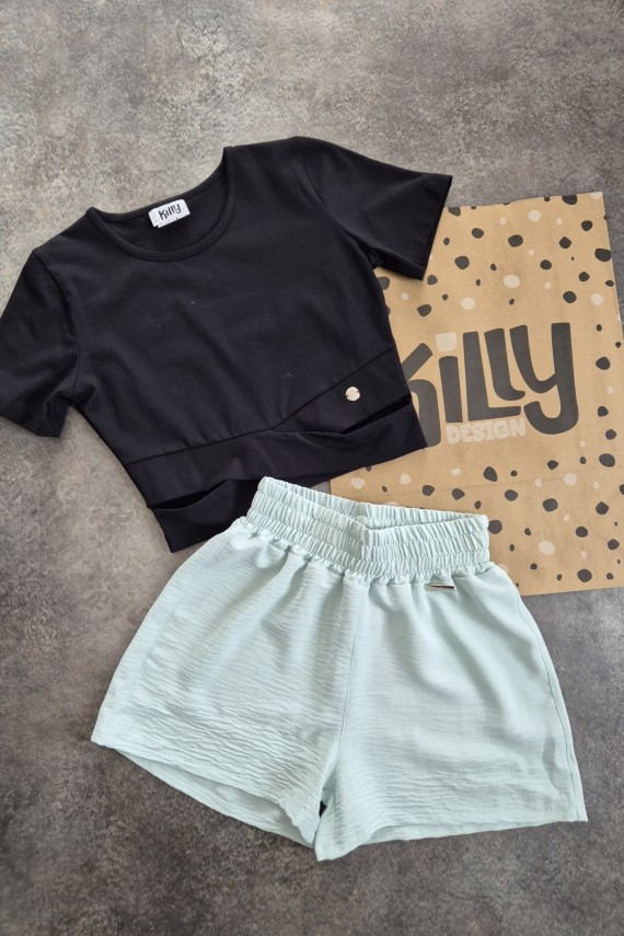 Killy design rövid fazonú fekete felső menta shorttal szettben 